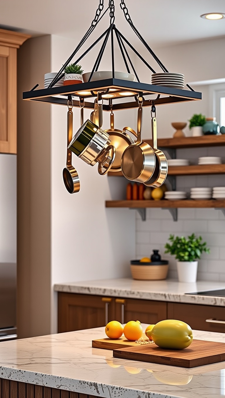 20 Creative Ideas to Elevate Your Kitchen with a Hanging Pot Rack! - 10. Modern Flair: Geometric Pot Rack Designs