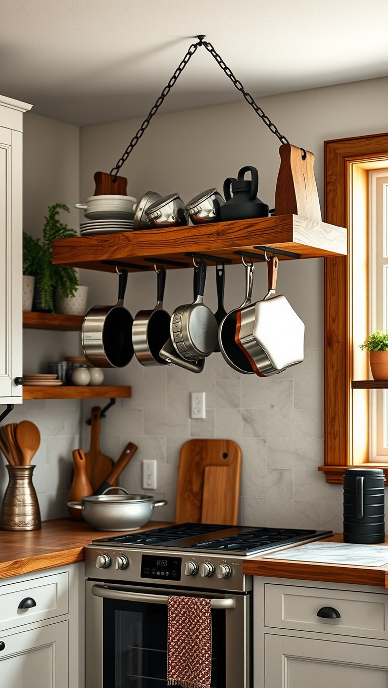 20 Creative Ideas to Elevate Your Kitchen with a Hanging Pot Rack! - 1. Rustic Charm: Reclaimed Wood Pot Rack