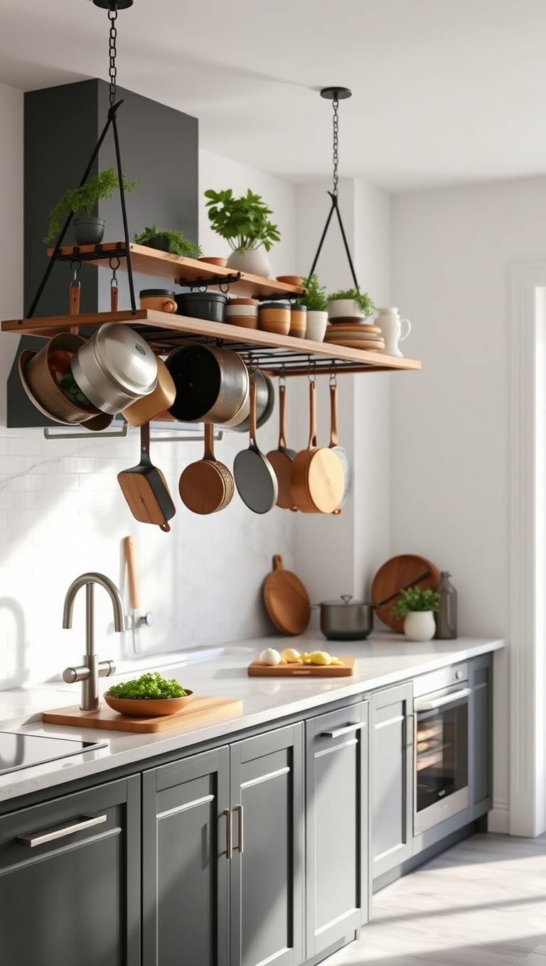 20 Creative Ideas to Elevate Your Kitchen with a Hanging Pot Rack! - 5. Open Space: Hanging Pots in Airy Kitchens