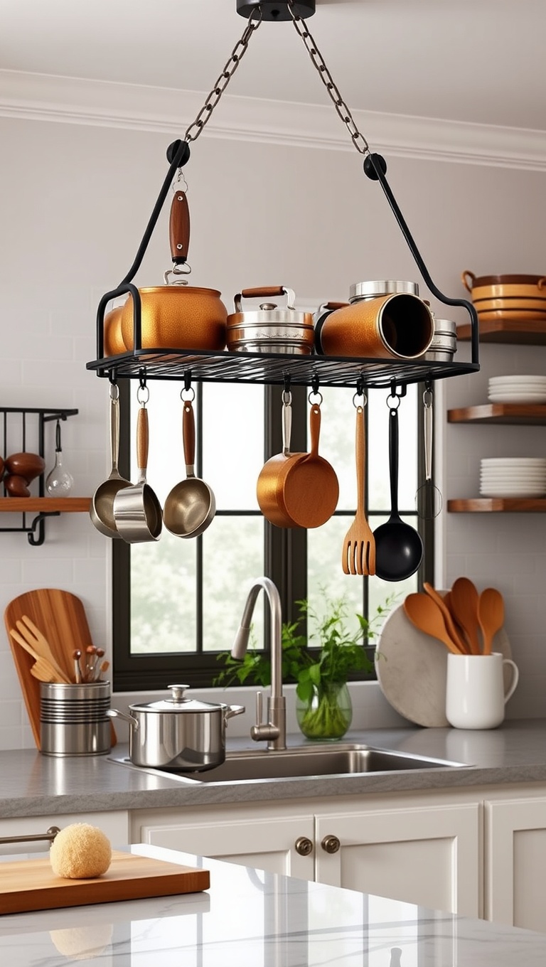 20 Creative Ideas to Elevate Your Kitchen with a Hanging Pot Rack! - 17. Multi-Functional: Using Racks for Other Kitchen Tools