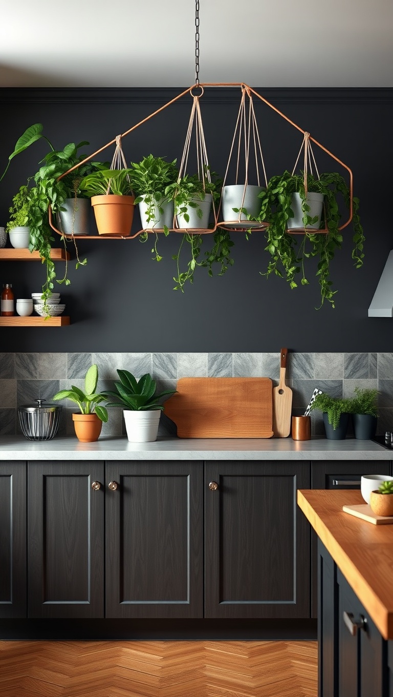 20 Creative Ideas to Elevate Your Kitchen with a Hanging Pot Rack! - 18. Hanging Plants: A Green Touch Above Your Pots