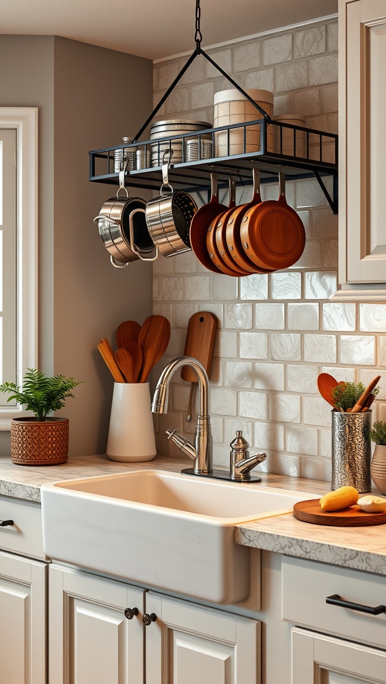 20 Creative Ideas to Elevate Your Kitchen with a Hanging Pot Rack! - 13. Over the Sink: Functional and Stylish