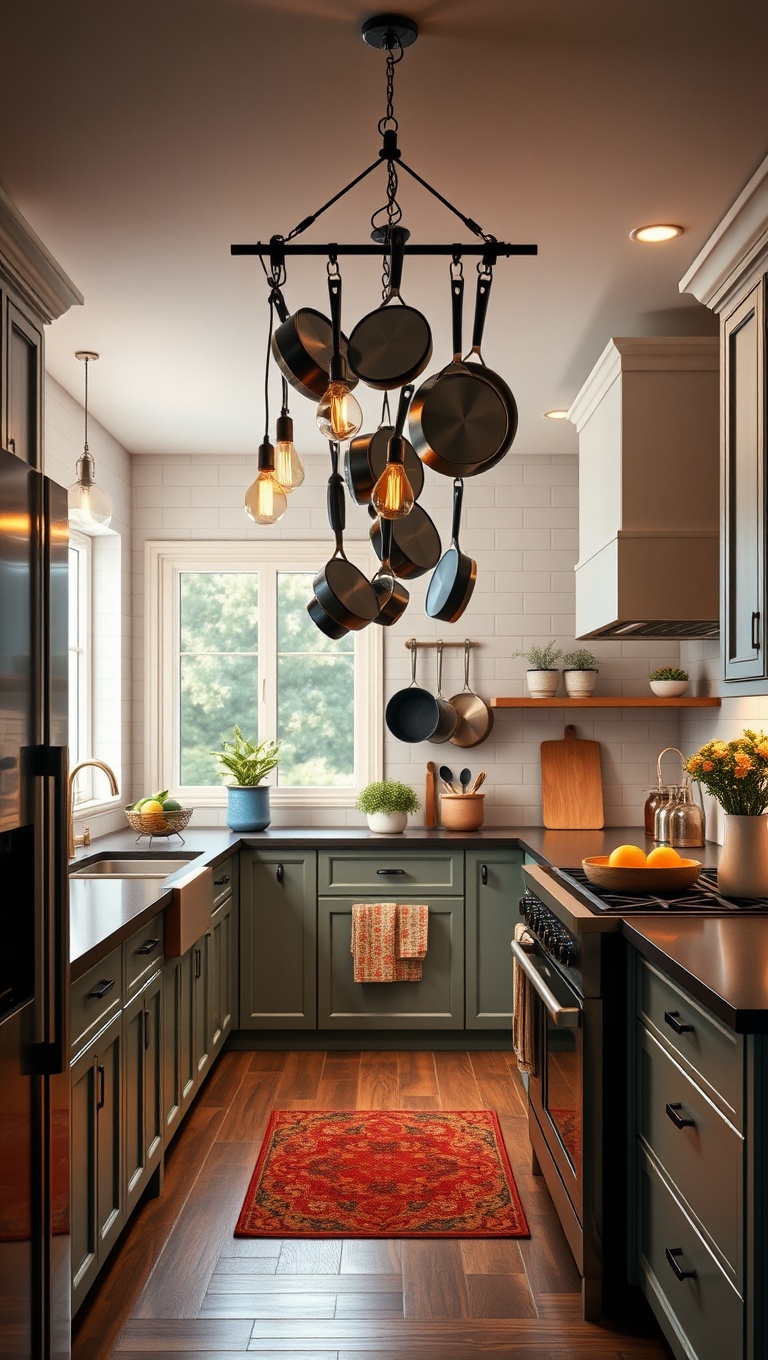 20 Creative Ideas to Elevate Your Kitchen with a Hanging Pot Rack! - 7. Creative Lighting: Incorporating Lights with Your Rack