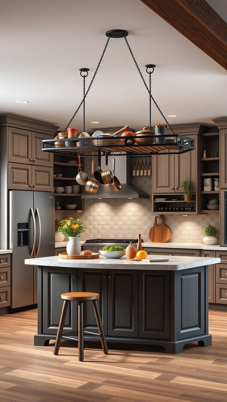 20 Creative Ideas to Elevate Your Kitchen with a Hanging Pot Rack! - 8. Kitchen Island Centerpiece: Rack Over the Island