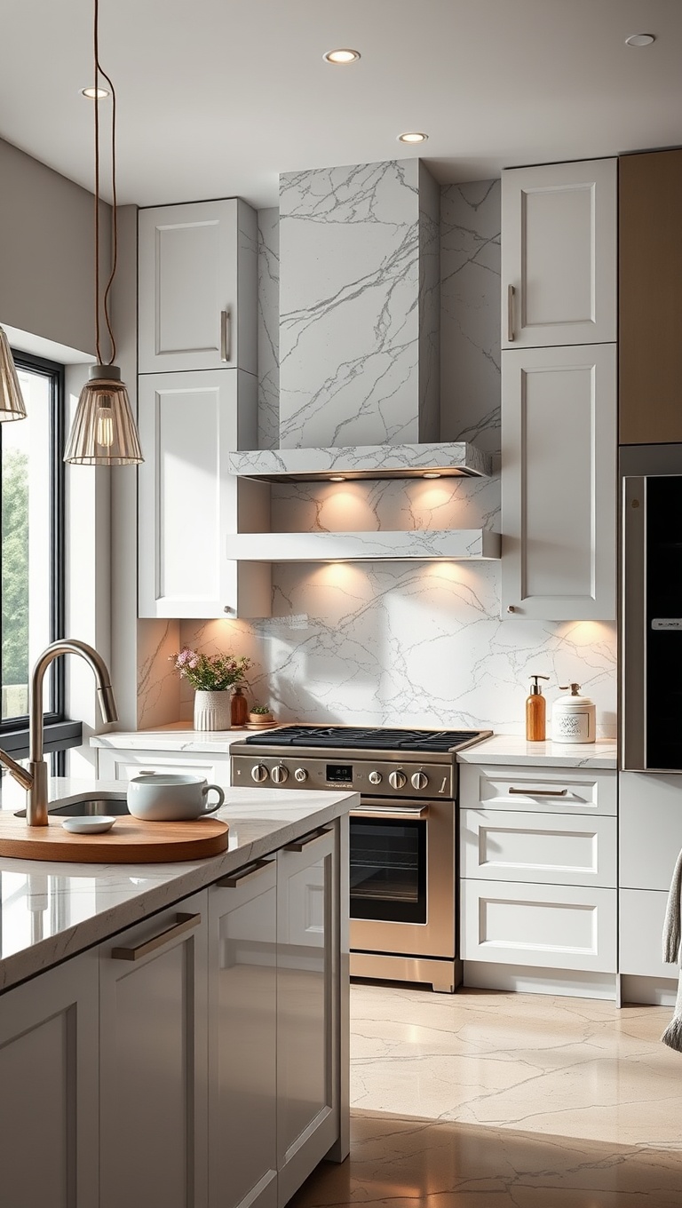 20 Fabulous Ideas for Kitchens with a Hidden Range Hood - 9. The Luxe Look: Marble Accents and Concealed Systems
