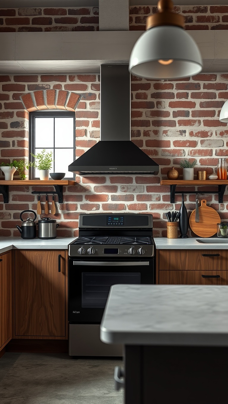 20 Fabulous Ideas for Kitchens with a Hidden Range Hood - 4. Industrial Chic: Exposed Brick and Subtle Hoods