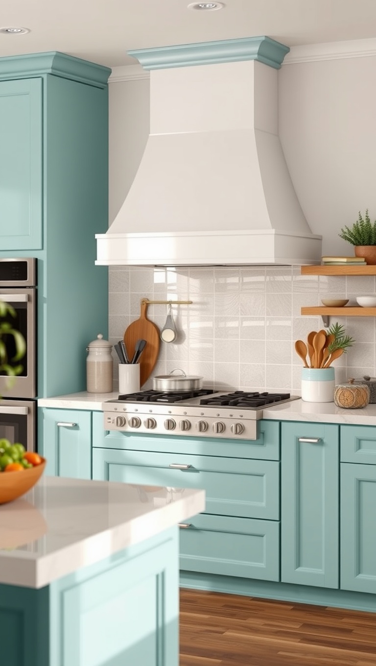 20 Fabulous Ideas for Kitchens with a Hidden Range Hood - 5. Coastal Vibes: Bright Colors with Discreet Range Hoods