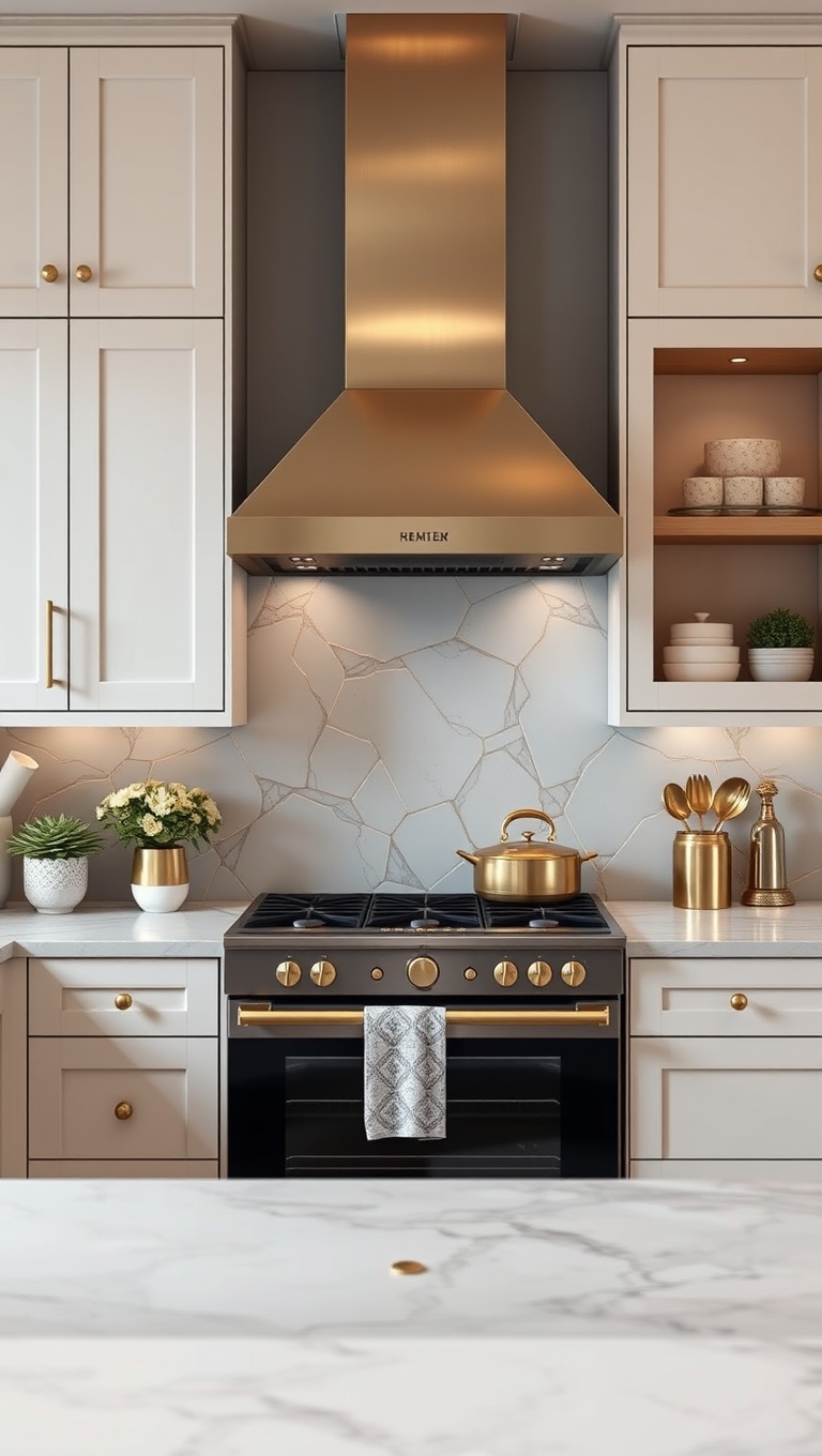 20 Fabulous Ideas for Kitchens with a Hidden Range Hood - 12. Glamorous Touch: Gold Accents and Secret Ventilation
