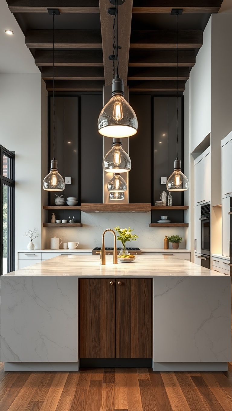 20 Fabulous Ideas and Inspiration for Your Large Kitchen Island - 10. Illuminate with Stylish Pendant Lights