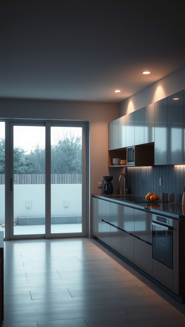 20 Stunning Ideas for Kitchens with a Sliding Glass Door - 11. Perfectly Placed Lighting for Evening Vibes