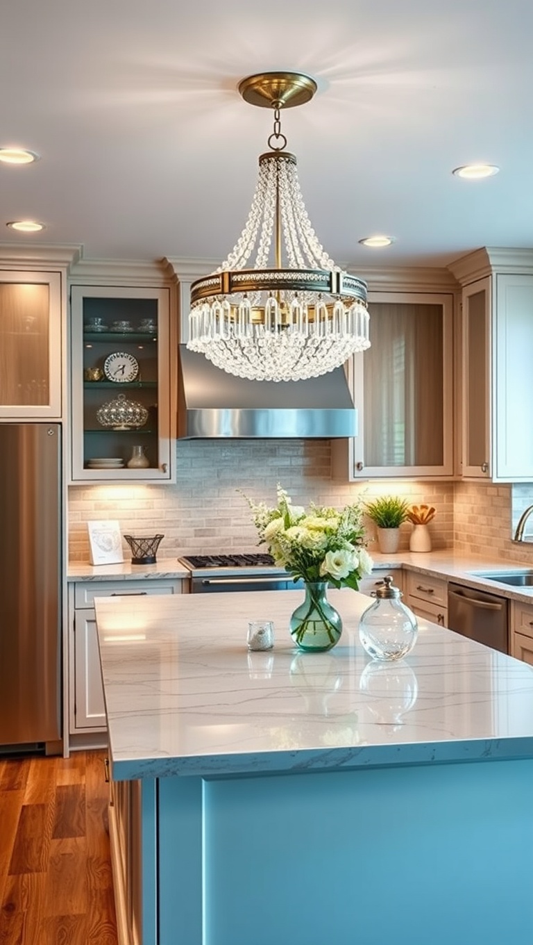 20 Stunning Ideas for Kitchens with a Statement Light Fixture - 15. Crystal Accents for Sparkle and Shine