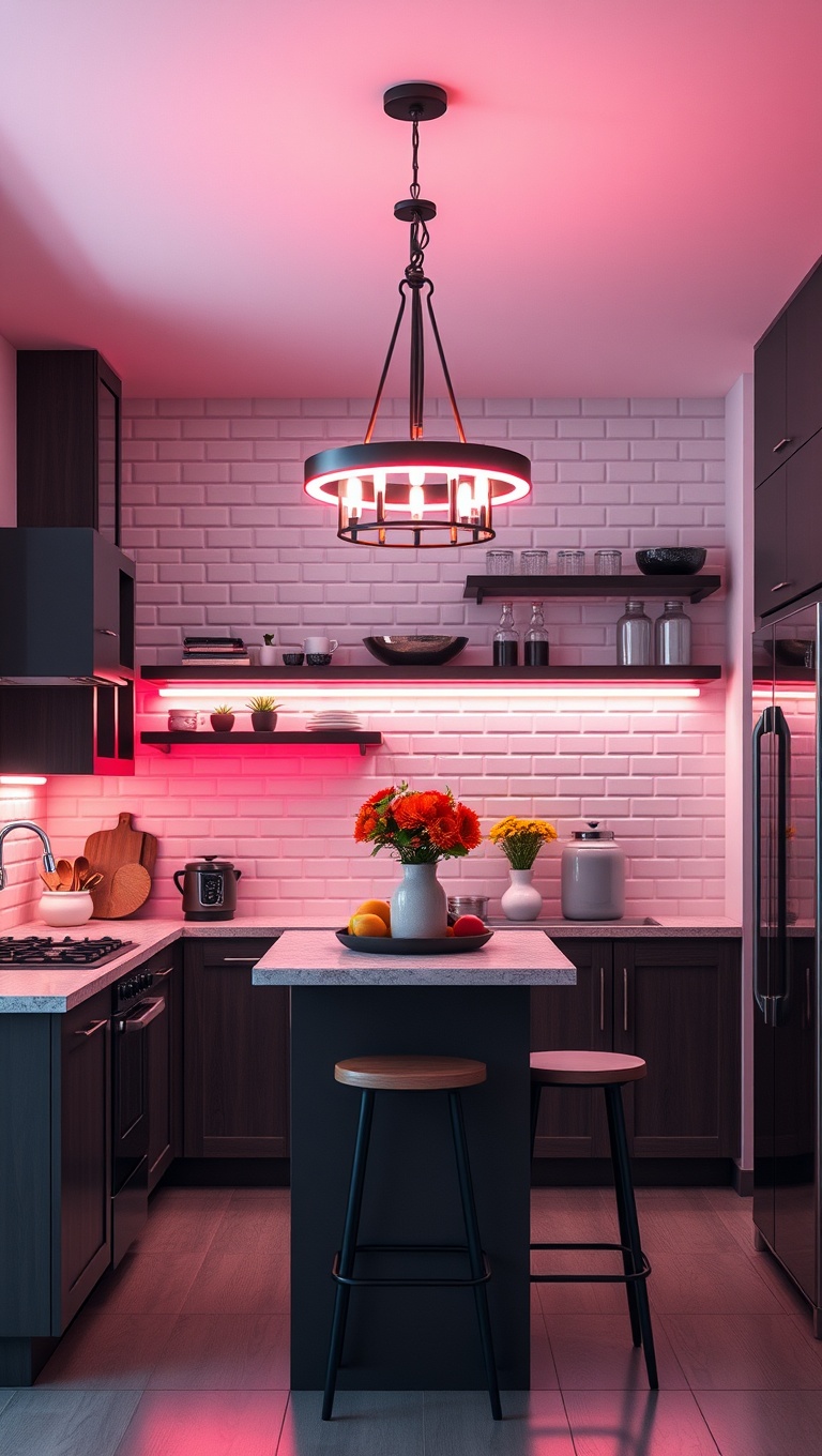 20 Stunning Ideas for Kitchens with a Statement Light Fixture - 12. Bright Neon Lights for a Pop of Color