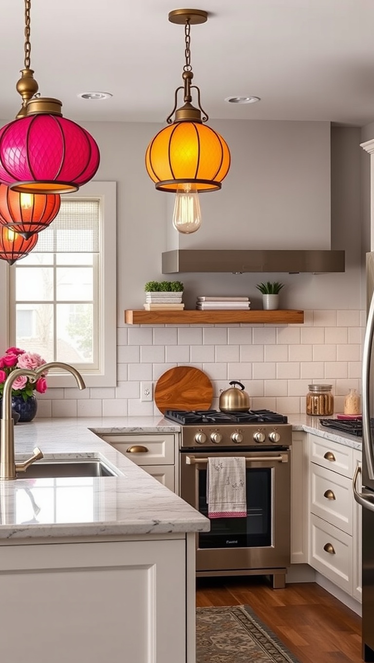 20 Stunning Ideas for Kitchens with a Statement Light Fixture - 5. Colorful Lanterns to Brighten Up the Space