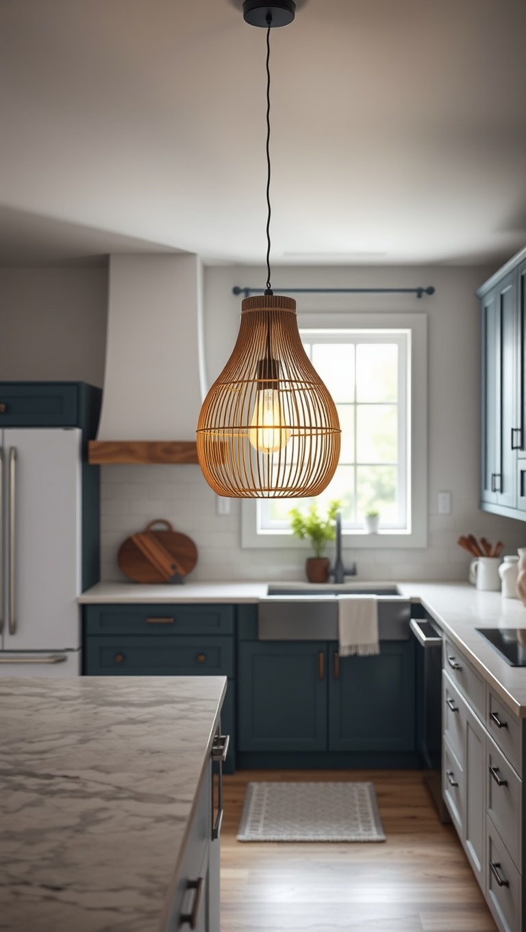 20 Stunning Ideas for Kitchens with a Statement Light Fixture - 10. Natural Materials: Wood and Woven Light Fixtures