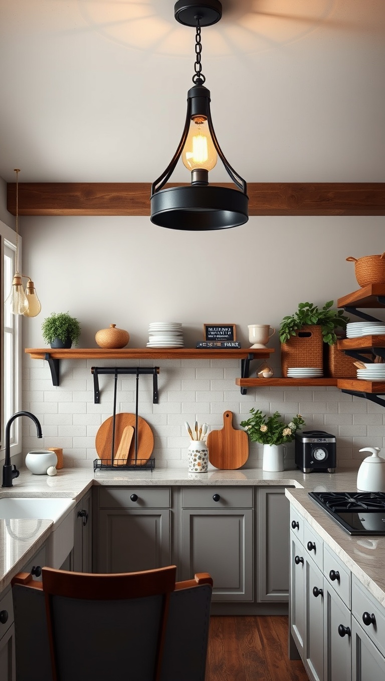 20 Stunning Ideas for Kitchens with a Statement Light Fixture - 13. Farmhouse Style: Vintage and Cozy Lighting