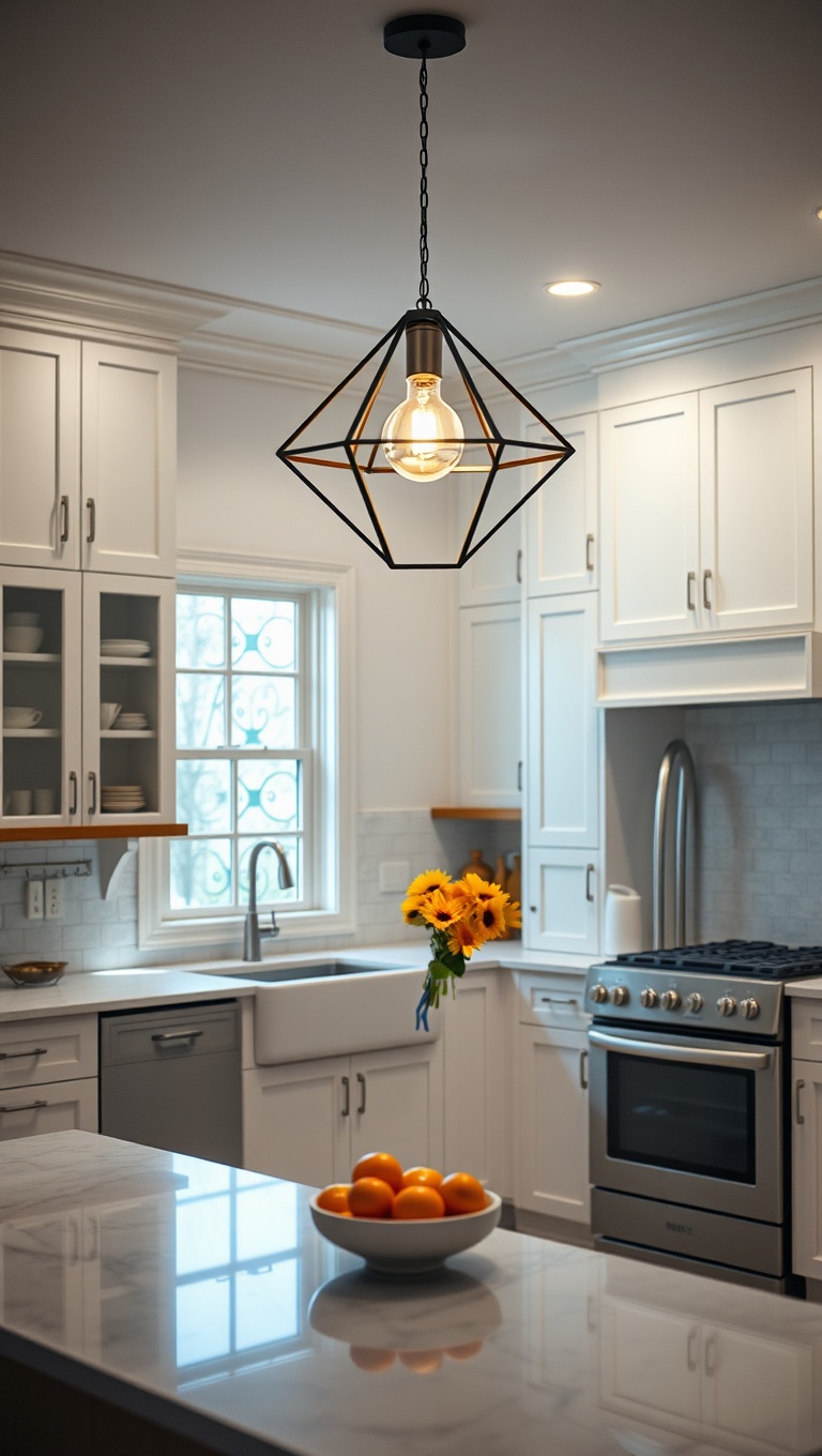 20 Stunning Ideas for Kitchens with a Statement Light Fixture - 3. Bold Geometric Fixtures for a Modern Twist