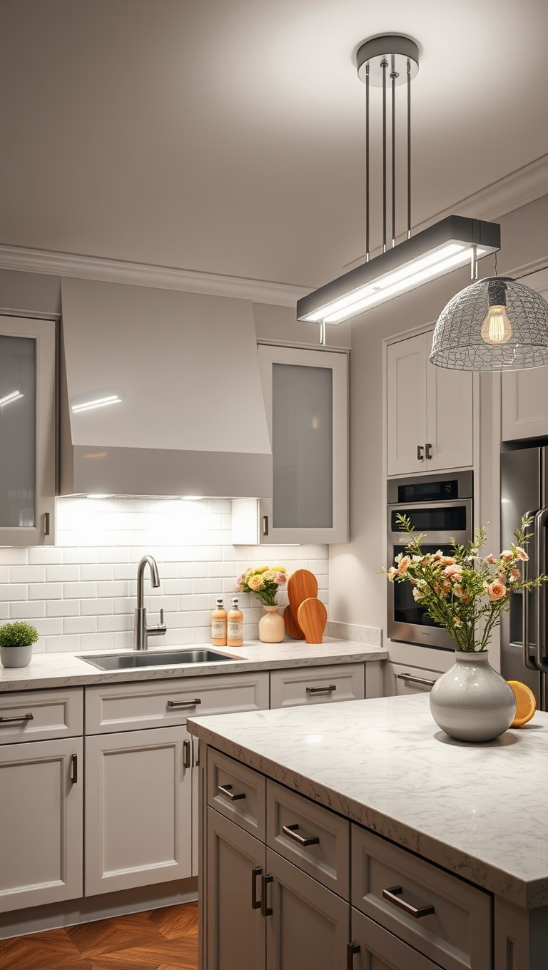 20 Stunning Ideas for Kitchens with a Statement Light Fixture - 18. LED Strip Lights for a Modern Flair