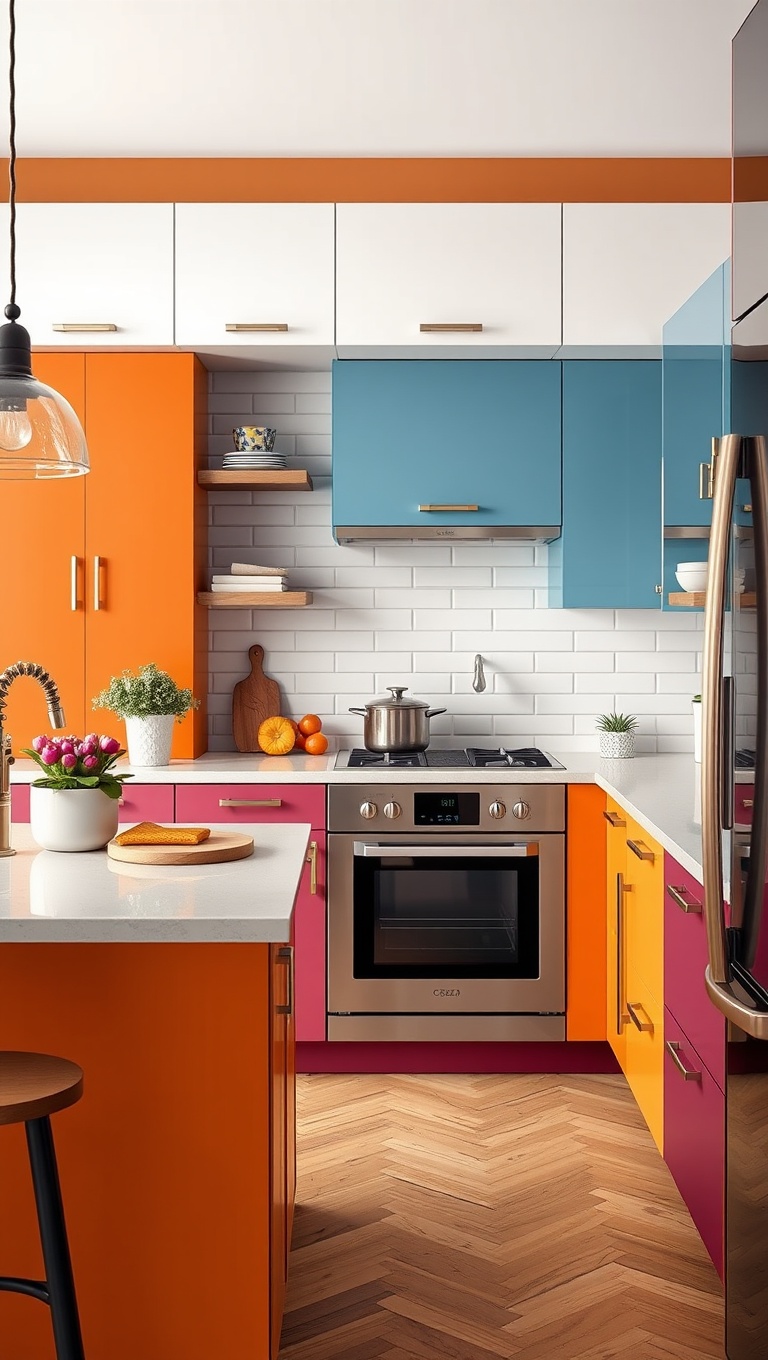 20 Unique Cabinet Layout Ideas to Transform Your Kitchen! - 6. Color-Blocked Cabinets for a Pop of Fun