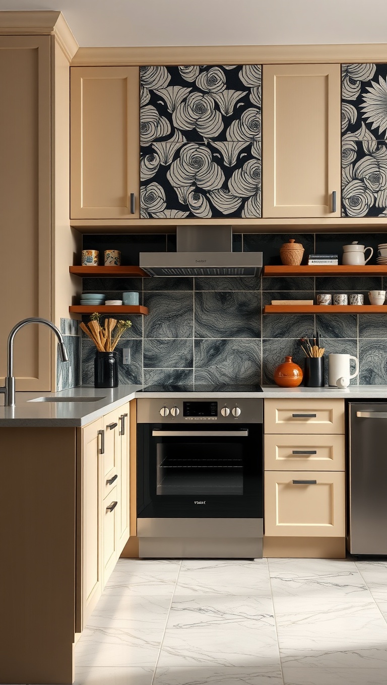 20 Unique Cabinet Layout Ideas to Transform Your Kitchen! - 10. Bold Patterns with Tile Accents