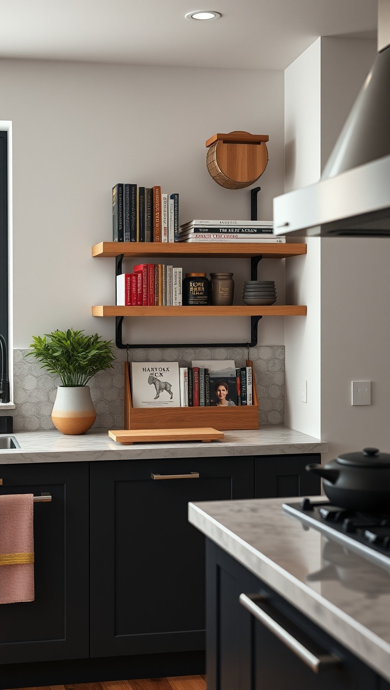20 Creative Ways to Elevate Your Kitchen with a Wall-Mounted Cookbook Holder - 6. Open Shelving Combo: Integrate with Your Display Shelves