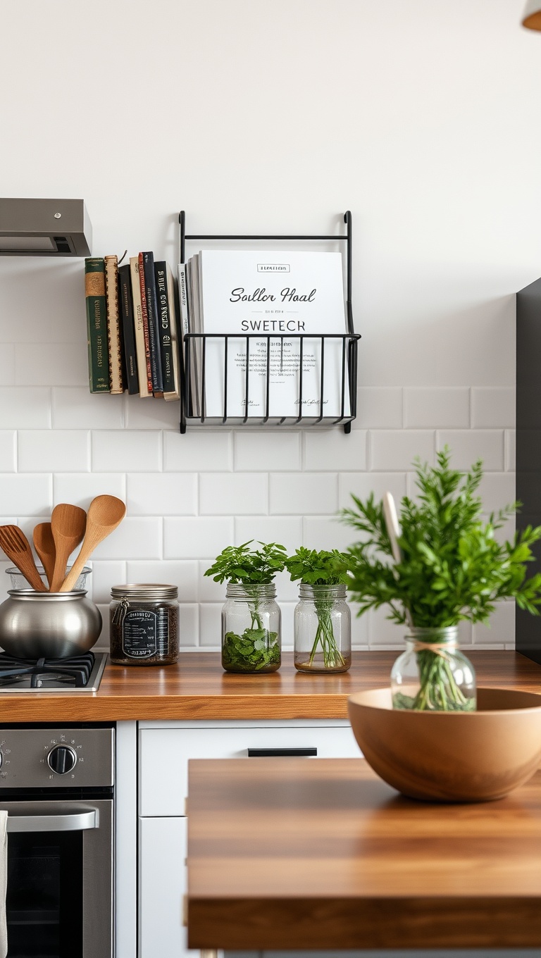 20 Creative Ways to Elevate Your Kitchen with a Wall-Mounted Cookbook Holder - 5. Farmhouse Flair: Pair with Mason Jars and Herbs