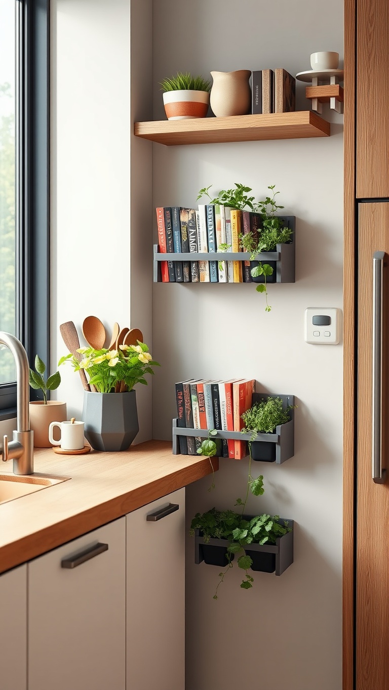 20 Creative Ways to Elevate Your Kitchen with a Wall-Mounted Cookbook Holder - 17. Vertical Garden: Combine Cookbooks with Herb Planters