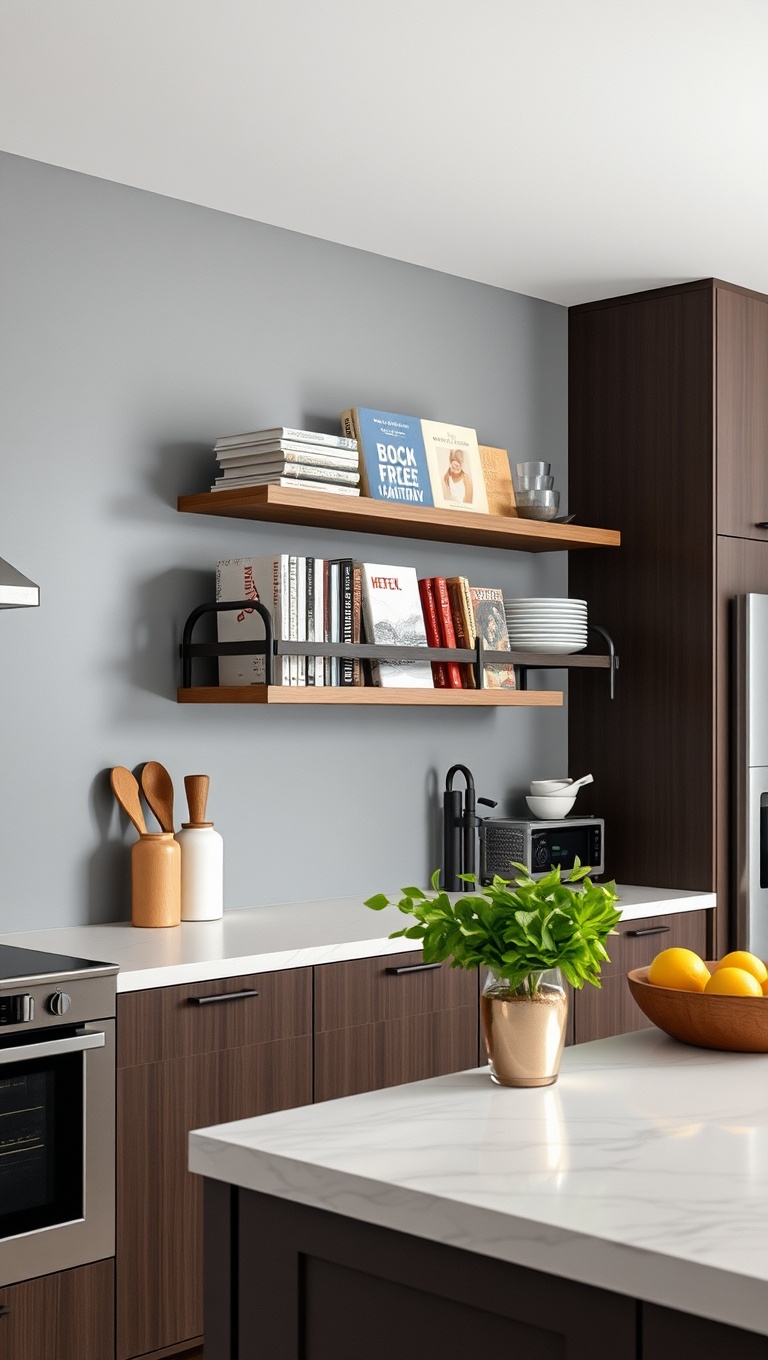 20 Creative Ways to Elevate Your Kitchen with a Wall-Mounted Cookbook Holder - 11. Floating Elegance: Use a Floating Shelf for a Modern Display