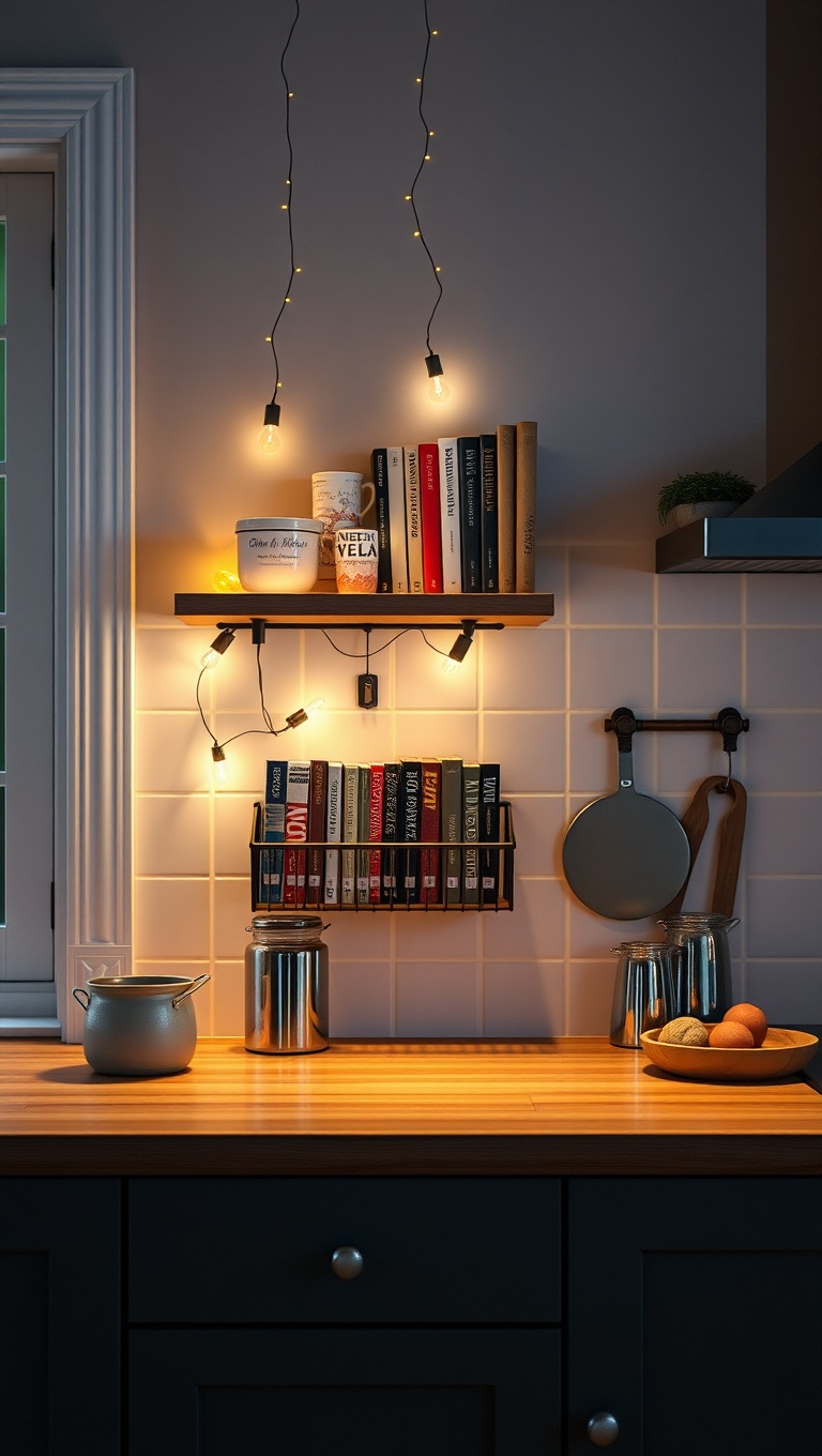 20 Creative Ways to Elevate Your Kitchen with a Wall-Mounted Cookbook Holder - 16. Light it Up: Add Fairy Lights for a Magical Feel