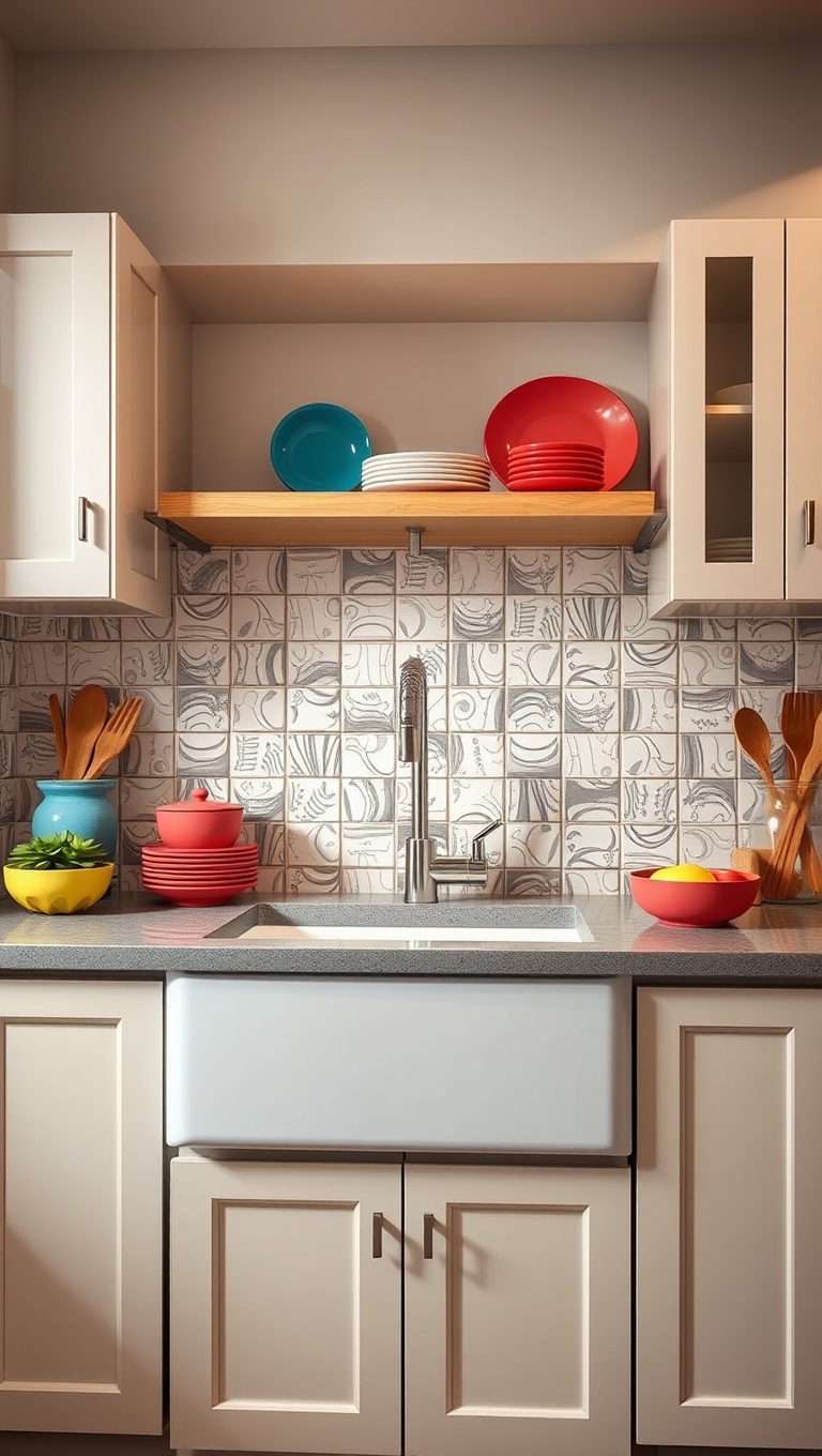 20 Stunning Ideas for Kitchens with an Under-Mount Sink - 14. Colorful Dishware: Bring Fun to the Sink Area