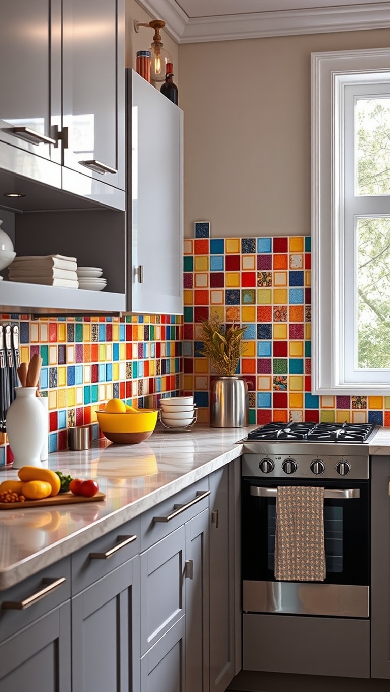 20 Colorful Tile Backsplash Ideas to Brighten Your Kitchen - 7. Rainbow Mosaic: A Fun, Colorful Collage