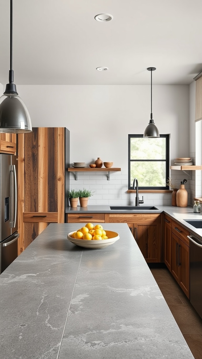 20 Stunning Ideas and Inspirations for Kitchens with Concrete Countertops - 2. Rustic Charm: Pairing Concrete with Reclaimed Wood