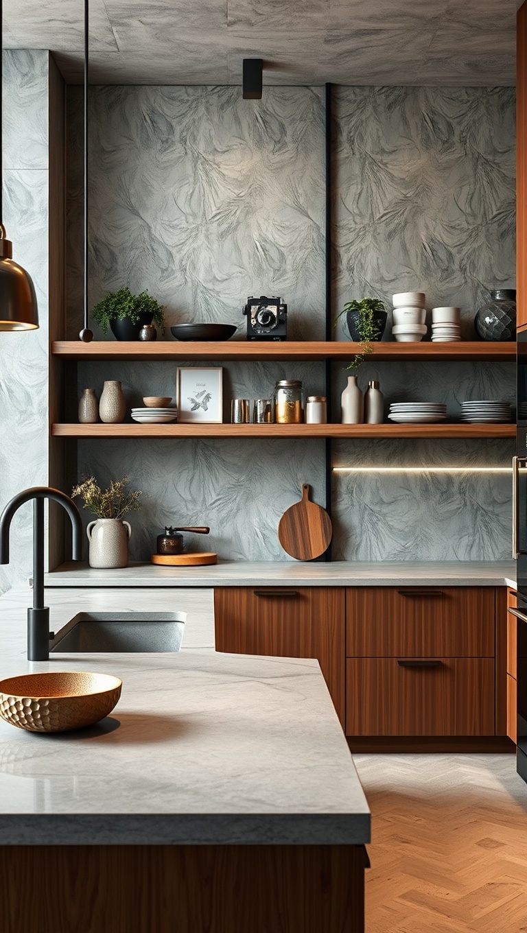 20 Stunning Ideas and Inspirations for Kitchens with Concrete Countertops - 11. Open Shelving: Showcasing Concrete with Cool Decor