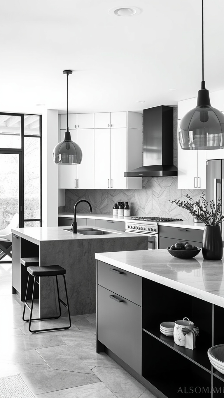 20 Stunning Ideas and Inspirations for Kitchens with Concrete Countertops - 8. Monochrome Magic: Black and White Kitchen with Concrete