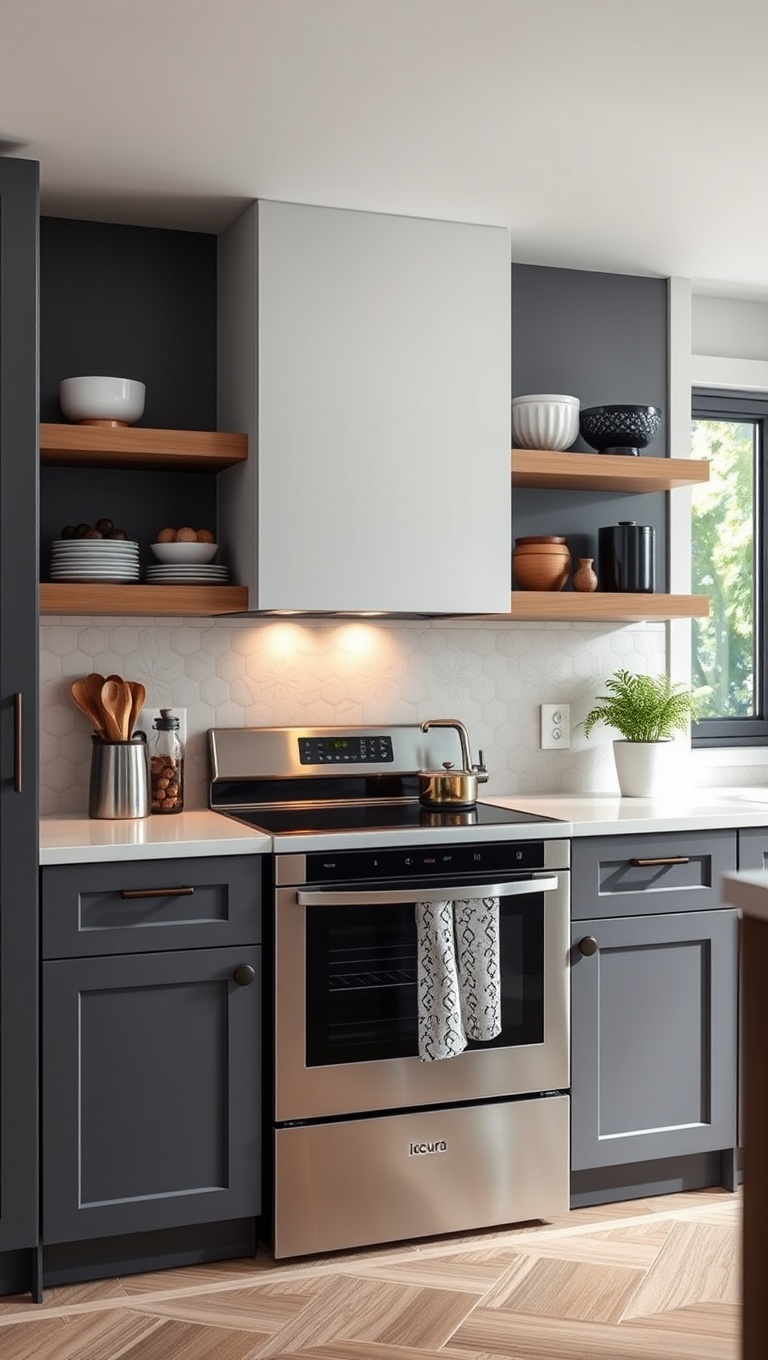 20 Fantastic Ideas for Kitchens with Integrated Appliances - 14. Open Shelving Above Integrated Appliances: Display Your Style
