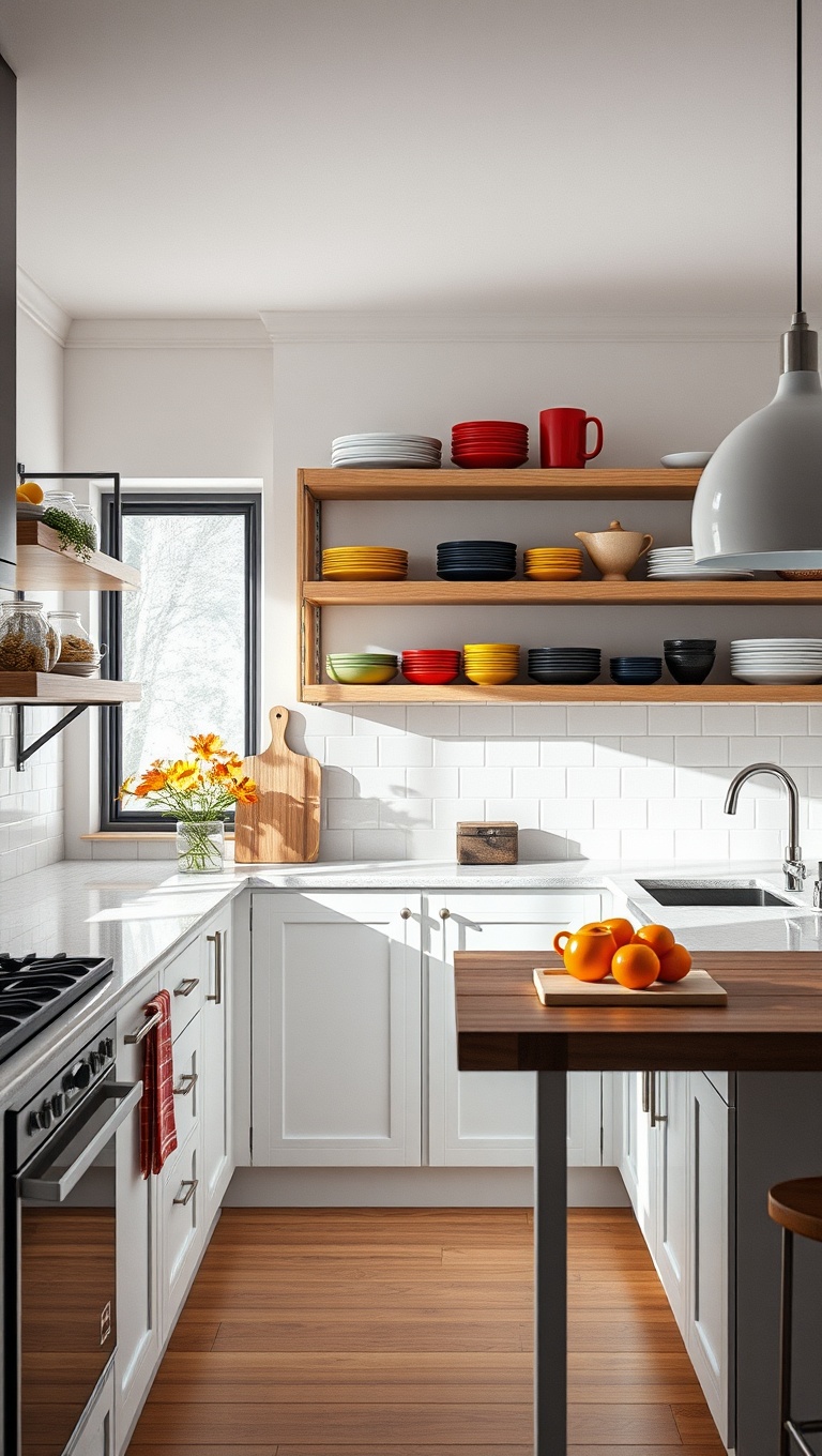 20 Creative Ideas for Stunning Kitchens with Open Shelving - 3. Go Bold with Colorful Dishes