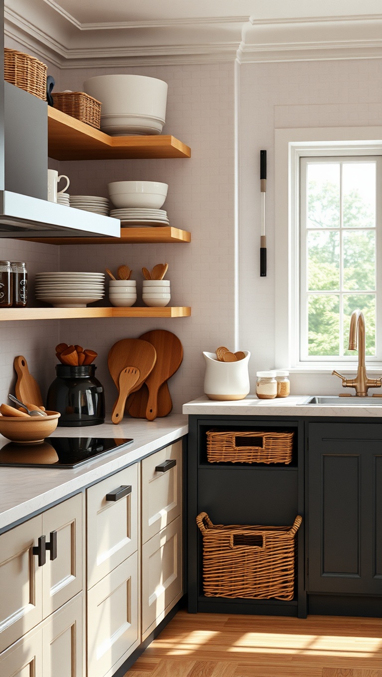20 Creative Ideas for Stunning Kitchens with Open Shelving - 11. Stylish Storage with Baskets
