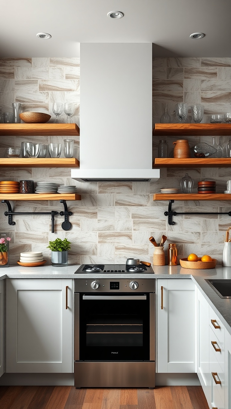 20 Creative Ideas for Stunning Kitchens with Open Shelving - 8. Layered Textures with Glassware