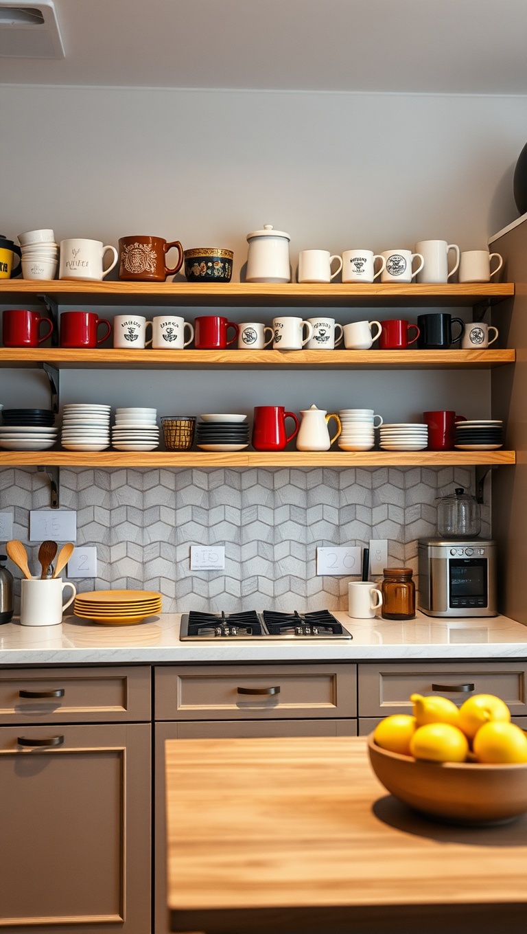 20 Creative Ideas for Stunning Kitchens with Open Shelving - 16. Showcase Your Collection of Mugs