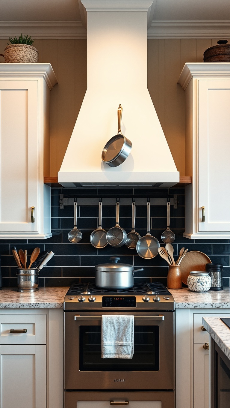 20 Creative Ideas for Stunning Kitchens with Open Shelving - 14. Use Hooks for Pots and Pans