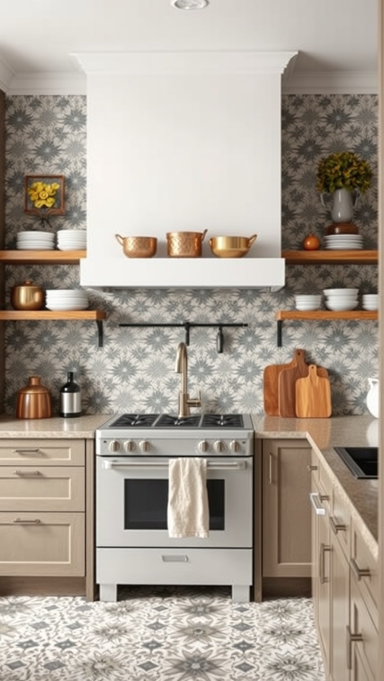 20 Creative Ideas for Stunning Kitchens with Open Shelving - 15. Add a Pop of Pattern with Wallpaper