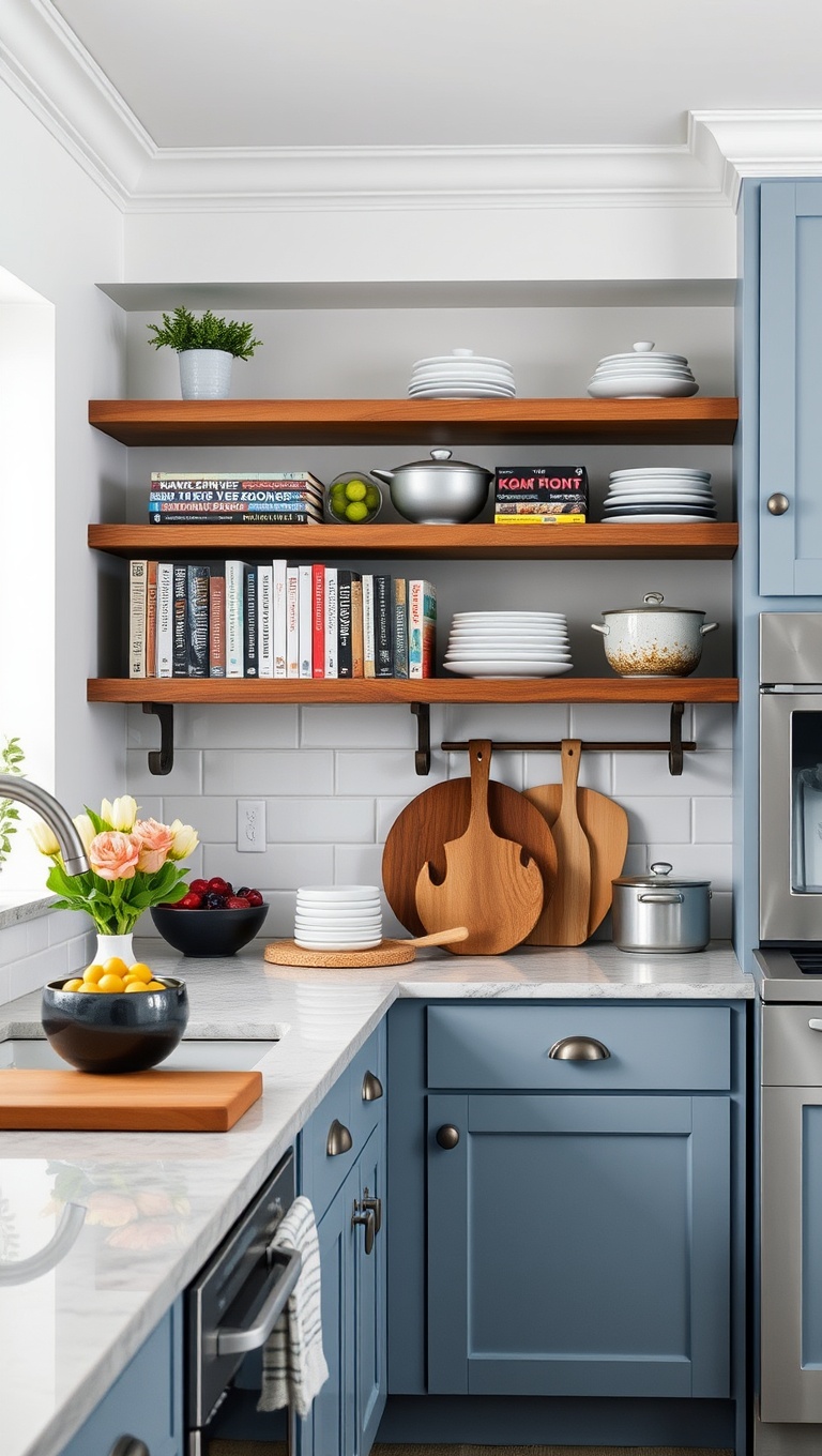 20 Creative Ideas for Stunning Kitchens with Open Shelving - 12. Hang Your Favorite Cookbooks