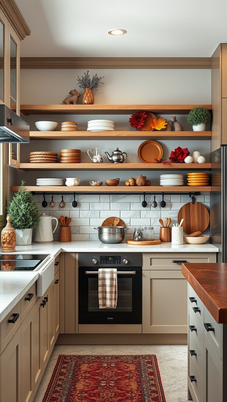 20 Creative Ideas for Stunning Kitchens with Open Shelving - 10. Seasonal Decor for a Fun Twist