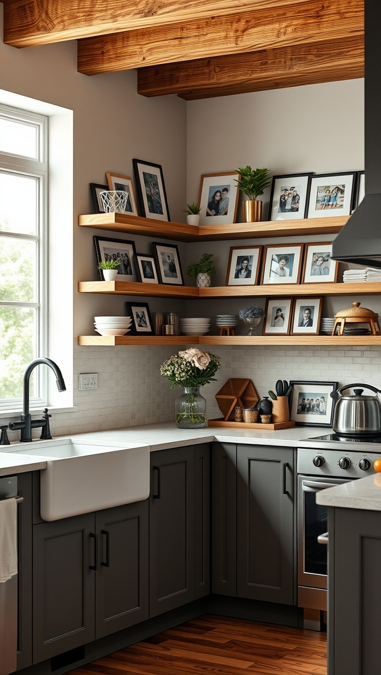 20 Creative Ideas for Stunning Kitchens with Open Shelving - 20. Create a Family Photo Wall with Frames