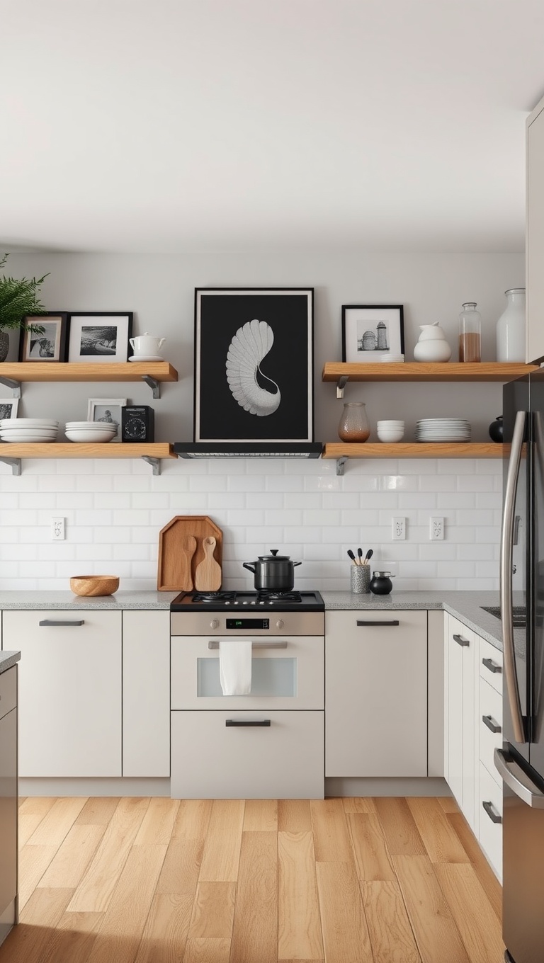 20 Creative Ideas for Stunning Kitchens with Open Shelving - 6. Display Art with Kitchen Decor
