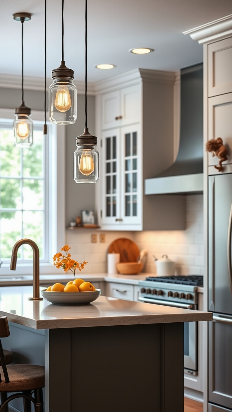 20 Stunning Ideas and Inspirations for Pendant Lighting in Your Kitchen - 7. Farmhouse Style: Mason Jar Lights